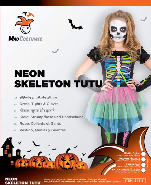 Mad Toys Neon Skeleton Tutu Dress Kids Halloween Costume